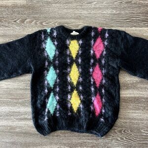 Vintage‎ Tam O’Shanter Mohair Sweater Large Black Argyle UK Made 80s Punk Unisex